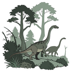 Two sauropod dinosaurs walking through a forest with trees and foliage © eee
