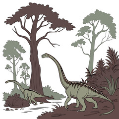 Two sauropod dinosaurs roaming in a prehistoric forest landscape with trees and plants © eee