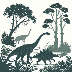 A group of dinosaurs and trees in a prehistoric landscape © eee