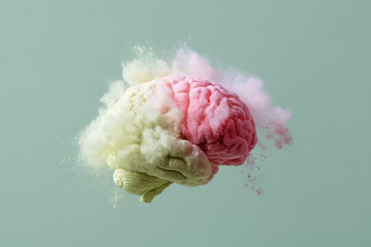 Pink green brain floating in exploding colored dust cloud on mint background conceptual neuroscience abstract surreal artistic