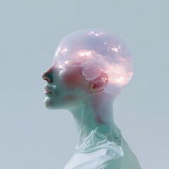 Fototapeta premium Female asian young adult profile with glowing brain cosmos inside translucent skull suggesting neural networks and cosmic imagination