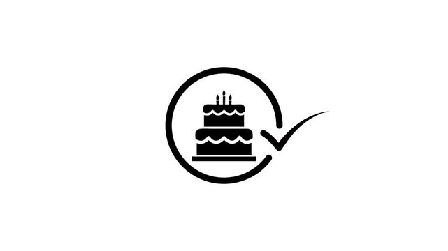 Animated birthday cake icon with check mark symbol in circular motion representing order completion or celebration confirmation