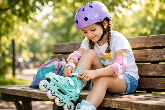 A girl is sitting on a park bench tying her roller skates. She wears a purple helmet and knee pads. It is a sunny afternoon, and trees surround the area