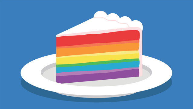 Delicious slice of rainbow layered cake with white frosting served on a white plate against a solid blue background for a celebration.