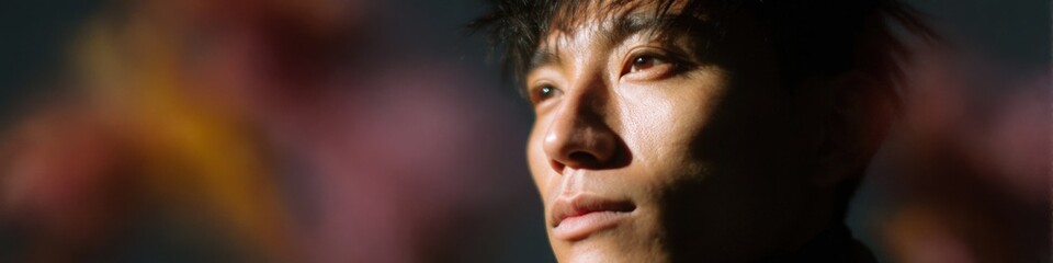 Fototapeta premium Asian male young adult profile portrait with soft warm light and contemplative expression, visible skin detail and cinematic mood