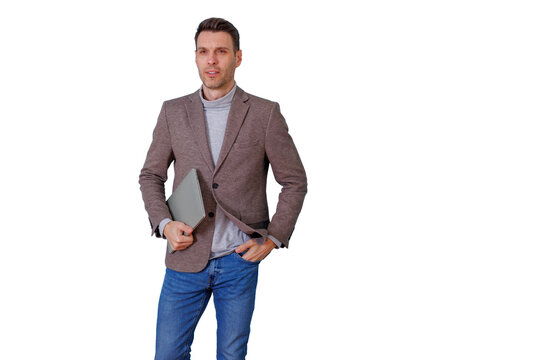 Business man holding a laptop, standing in smart casual outfit, looking forward and thinking, transparent background