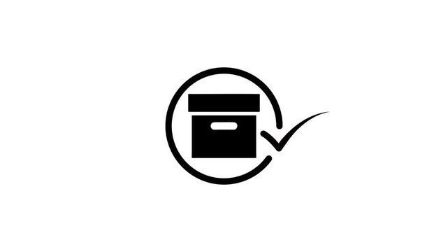 Minimalist black and white animation of delivery box with check mark icon inside circular frame on white background