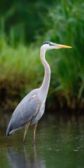 Fototapeta premium Great blue heron wading in green marsh shallow water longneck wetland bird closeup portrait showing detailed plumage and attentive gaze