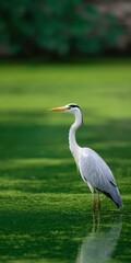 Fototapeta premium Grey heron standing in shallow green water with long neck and yellow bill against blurred foliage natural wetland bird portrait