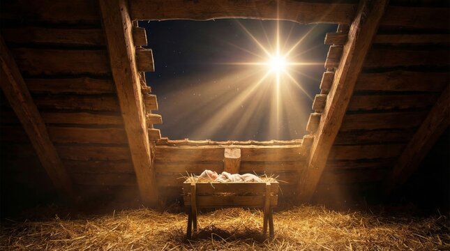 Baby Jesus lying in a wooden manger inside a stable with a bright Star of Bethlehem shining through the roof. Nativity scene depiction for Christian Christmas religious celebration.
