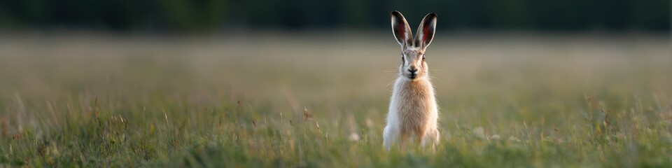 Fototapeta premium Hare meadow sunrise portrait brown white ears upright wildlife standing tall in open field with blurred background and attentive stance