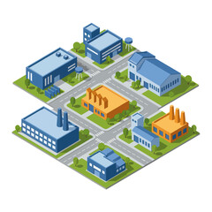 Fototapeta premium Isometric illustration of a modern industrial park with various factory buildings and warehouses connected by roads.