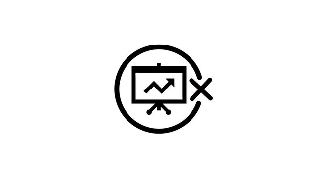 Animated icon of a chart with an arrow showing an upward trend within a black circle, crossed out by an 'x' mark, symbolizing the rejection or failure of a positive trend or an incorrect analysis