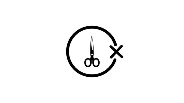 Minimalist scissor icon animation with circle and cross symbol on white background featuring clean motion graphics