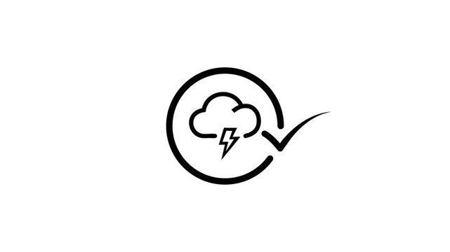 Cloud and lightning storm icon animation with check mark indicating safety, secure, and reliable data cloud storage