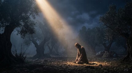Fototapeta premium Jesus Christ kneeling and praying in olive garden at night. Biblical scene of Gethsemane. Divine light shining down from heaven upon savior. Christian faith, holy spirituality concept.