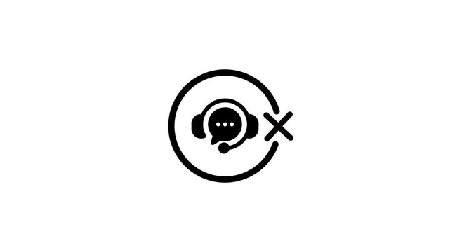 Flat motion design showing headset icon with speech bubble and cross mark symbol representing support cancellation