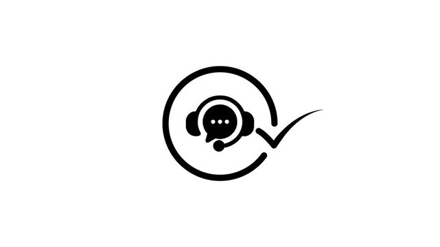 A dynamic animation of a customer service icon with a headset, chat bubble, and a checkmark signifying successful support