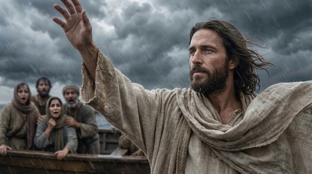 Jesus Christ calming the storm on sea of Galilee. Religious scene from Bible with disciples in boat during rain. Messianic power, divine miracle and faith in Christian theology.