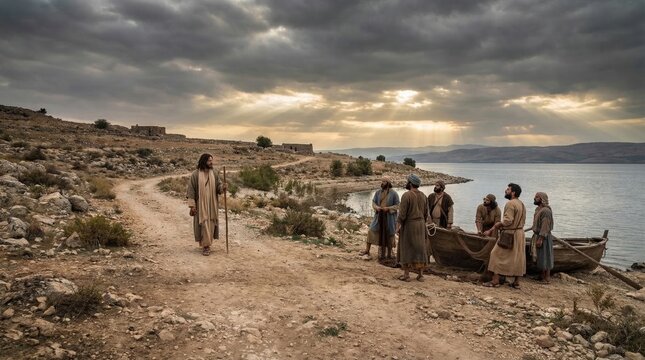 Jesus Christ walking toward fishermen at the Sea of Galilee. Biblical scene depicting the calling of disciples by the water. Traditional ancient religious landscape at sunset, faith concept.