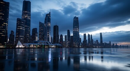 Obraz premium A futuristic cityscape at dusk with skyscrapers reflecting off the water