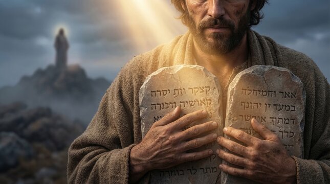 Moses holding stone tablets with commandments in sunlight. Biblical scene with prophet on mountain top. Spiritual religious concept and historical narrative of old testament faith tradition.