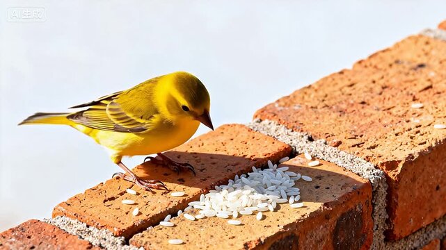 Yellow bird on brick with rice