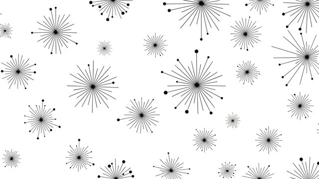 Minimalist seamless pattern of black starburst or firework shapes of varying sizes scattered across a clean white background in retro style.