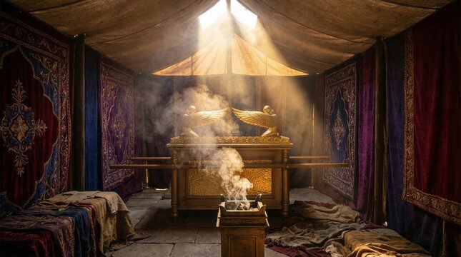 Ark of the covenant inside the tabernacle. Golden chest with cherubim wings. Biblical artifact in holy tent with incense smoke. Ancient religious relic, divine light and spirituality.