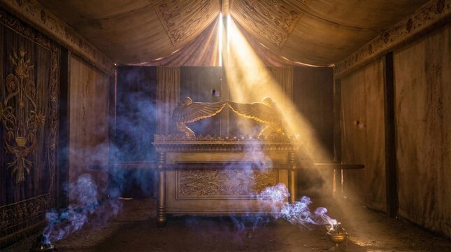 Ark of the Covenant inside tabernacle with cherubim statue. Divine light shining down on biblical relic. Ancient religious artifact from Old Testament, spiritual faith experience.