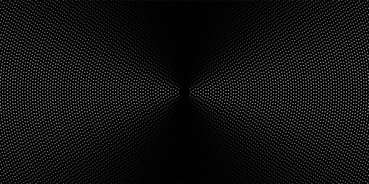 Wave dots abstract pattern. Flow of white curved dotted lines vector illustration isolated on black background. Dynamic shiny swirl backdrop. Digital, technology, ia, music, modern design element.