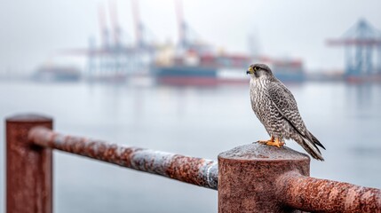 Fototapeta premium Peregrine Falcon Perched Calmly on Weathered Metal Post Overlooking the Foggy Harbor Scene
