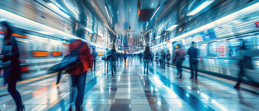 Wide angle view of commuters moving through a modern train station with motion blur, showing urban transport flow, daily travel routine and fast paced city life.
