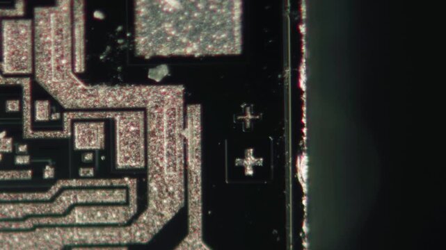 Macro Close-up Shot of Microchip, CPU Processor on Printed Circuit Board, Computer Motherboard with Components Inside of Electronic Device, Part of Supercomputer microscop.
