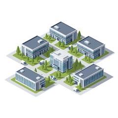 Obraz premium Isometric illustration of a modern business park with multiple office buildings, trees, and vehicles on a grid layout.
