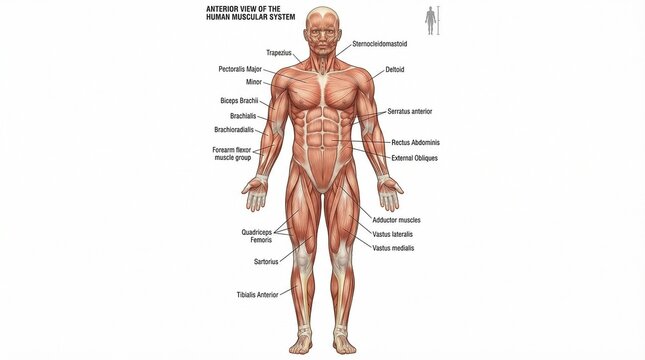Anterior View of the Human Muscular System - Full Body Anatomical Diagram with Labels