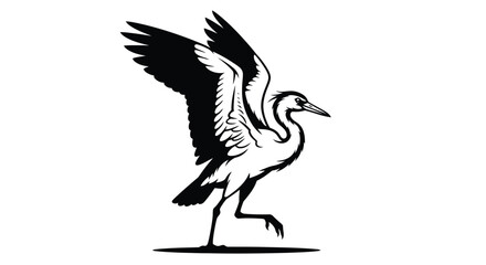 Fototapeta premium Black and white illustration of a heron with wings spread