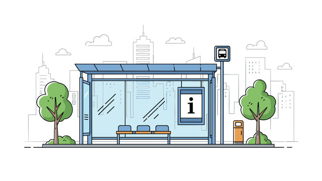 Minimalist illustration of a modern city bus stop with a glass shelter bench and information sign against a light urban skyline background.