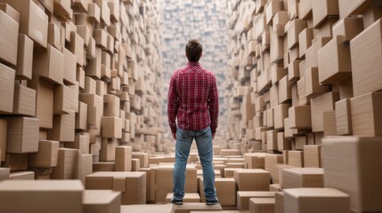 Obraz premium Overwhelmed Man Standing Amidst Stacks of Cardboard Boxes, Representing Logistics Challenges and Supply Chain Management