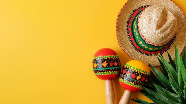 Bright Mexican maracas and a sombrero against a yellow background make an ideal backdrop for festive events or ethnic festivals.