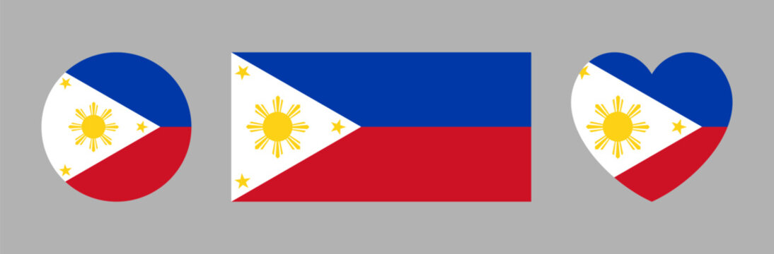 Philippines Flag rectangle, circle, heart icons, stickers. Flag of Philippines heart, round, rectangular badges. Set of National Philippine flag symbol, button.