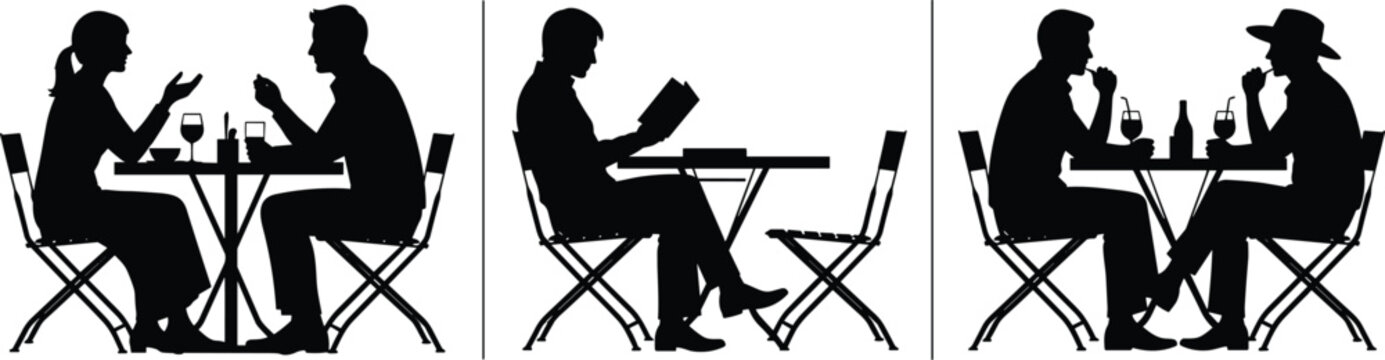 People sitting at cafe table silhouette vector set with couples dining, man reading book, and friends drinking wine at restaurant.