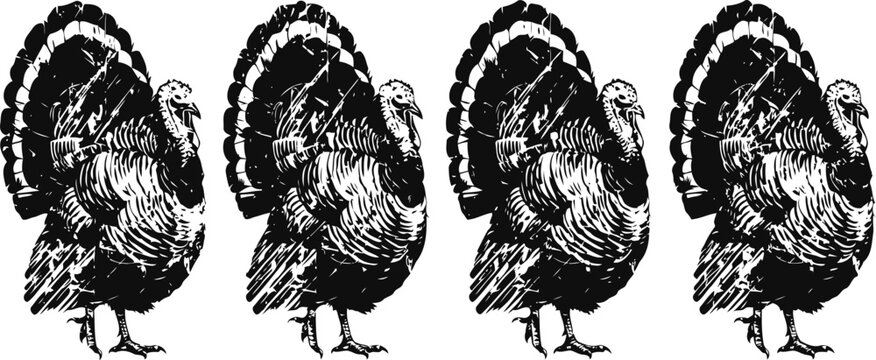 Four detailed black and white turkey illustrations in vintage engraving