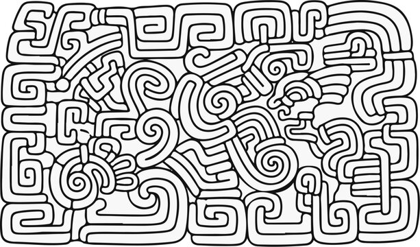 Ornate black and white line art featuring a complex, abstract mythological creature