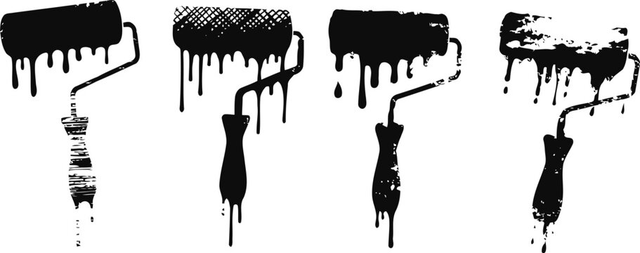 Black paint dripping from different paint roller brushes set isolated on white background
