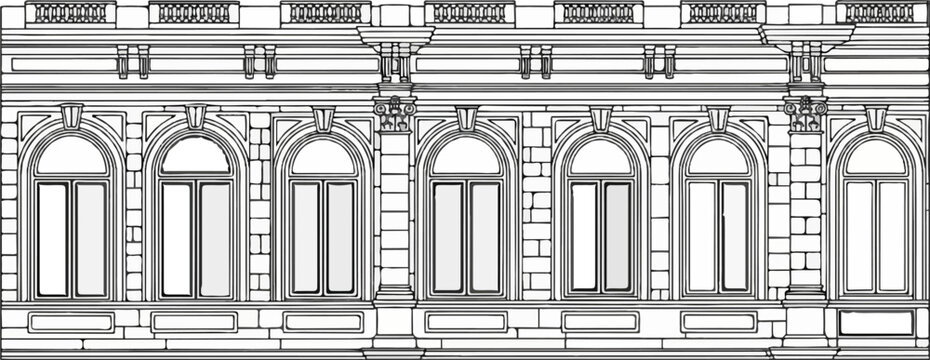 Ornate stone facade with arched windows and classical architectural details
