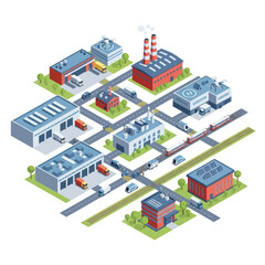 Fototapeta premium Isometric illustration of a modern industrial park with various factories, warehouses, and transportation infrastructure.