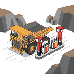 Large yellow mining dump truck refueling at gas station. © Wahyu