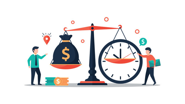 Two men balancing a large black money bag and a giant clock on a scale representing work life balance and time management.