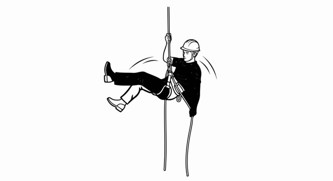 Person in hard hat rappelling down a rope with safety harness